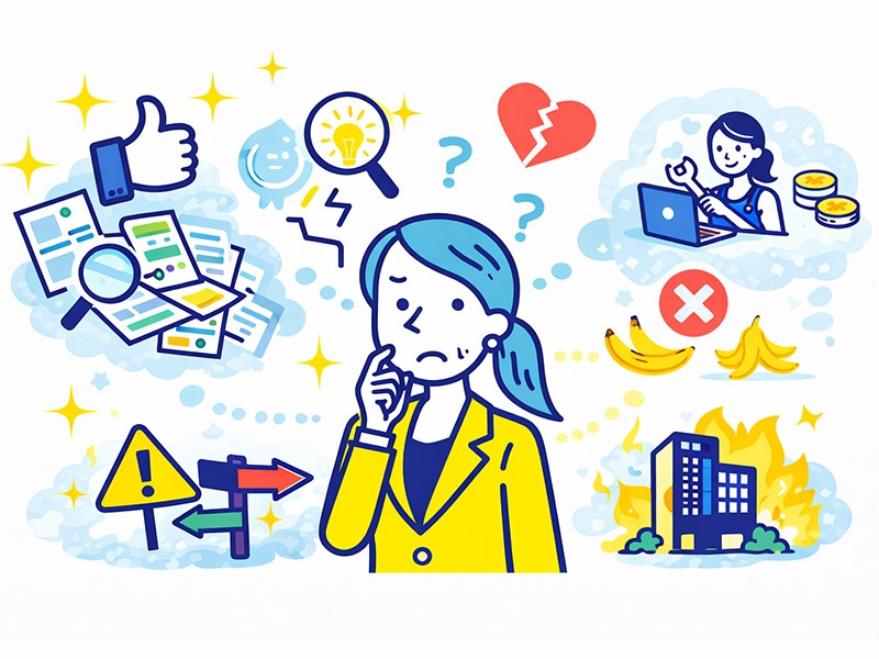 女性が手に職を選ぶ際の注意点を表したイラスト。情報過多やイメージ先行による失敗を防ぐための判断ポイントをアイコンで整理