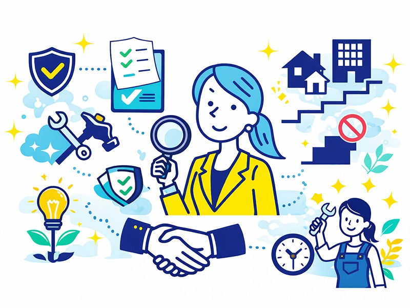 女性に手に職が向く仕事の共通条件を表したイラスト。未経験から始めやすさや働き方の持続性、安定性など複数の判断基準をアイコンで整理