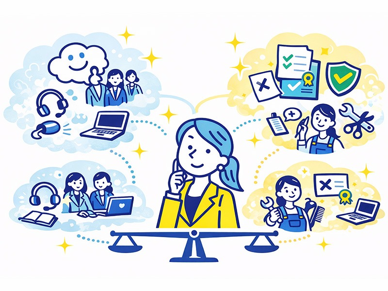 性格や資格の有無別に見る女性に手に職がおすすめの職業を表したイラスト。働き方の好みや性格タイプに合う仕事選びの視点をアイコンで整理