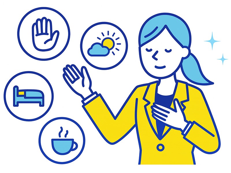 仕事に行きたくない気持ちの対処法をイメージしたイラスト。朝の拒否反応や家にいたい感覚を和らげる日常の工夫を表現。