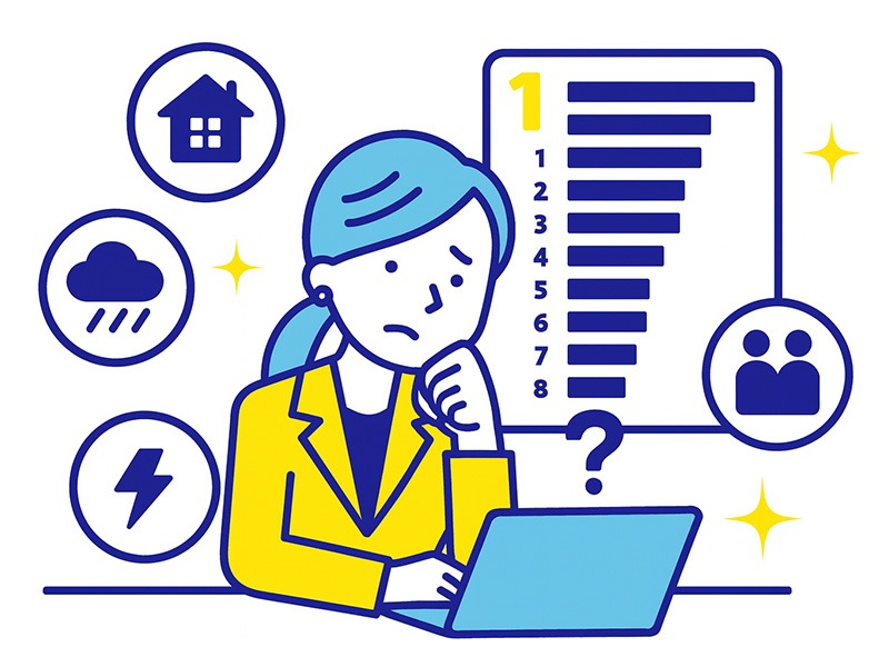 仕事に行きたくない理由トップ10を整理するイラスト。複数の理由が重なる背景や朝に強まる拒否反応を象徴するフラットデザイン。