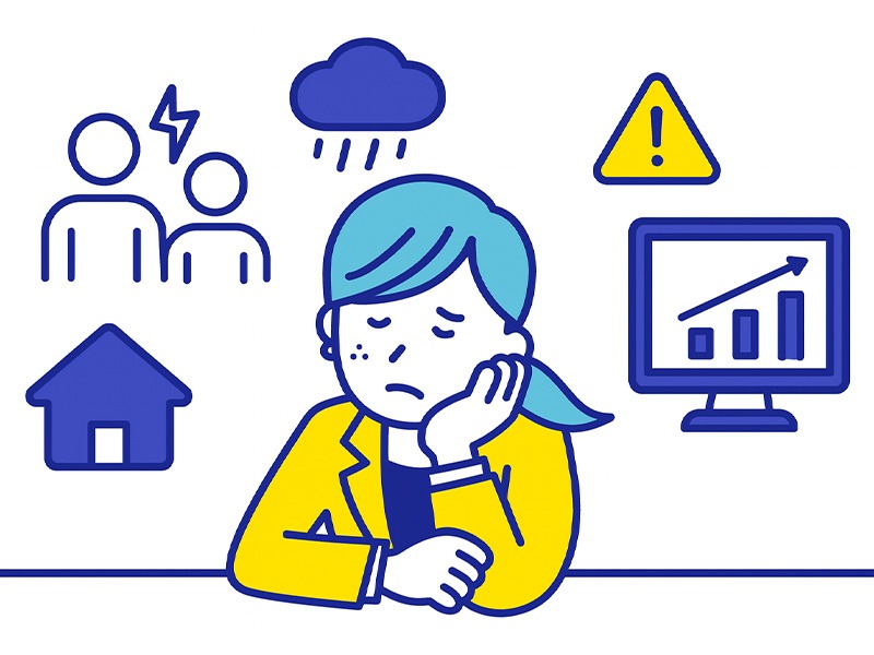 仕事に行きたくない理由をタイプ別に整理したイラスト。人間関係ストレスや疲労、仕事内容のミスマッチなど複数の原因を示すアイコンを配置した図。
