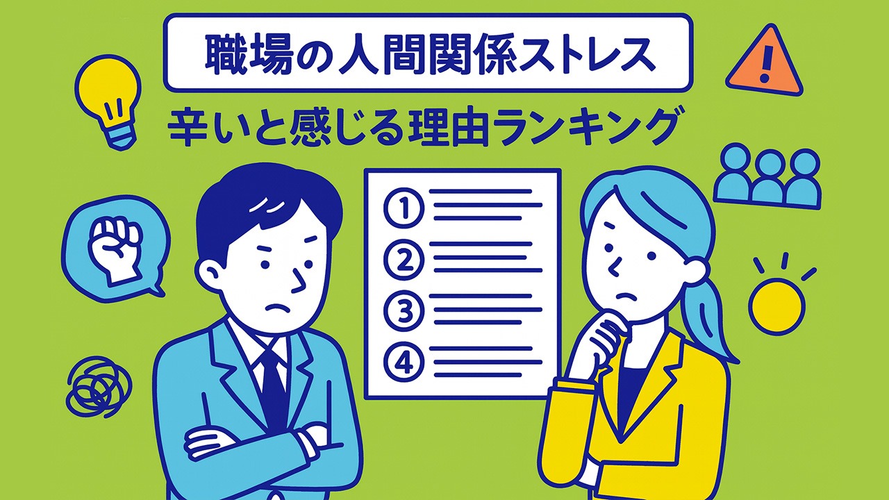 職場の人間関係ストレスの理由ランキングを示すメインイラスト。ランキング表を真剣に見つめる男女社員とストレス要因を示すアイコンを配置した構図。