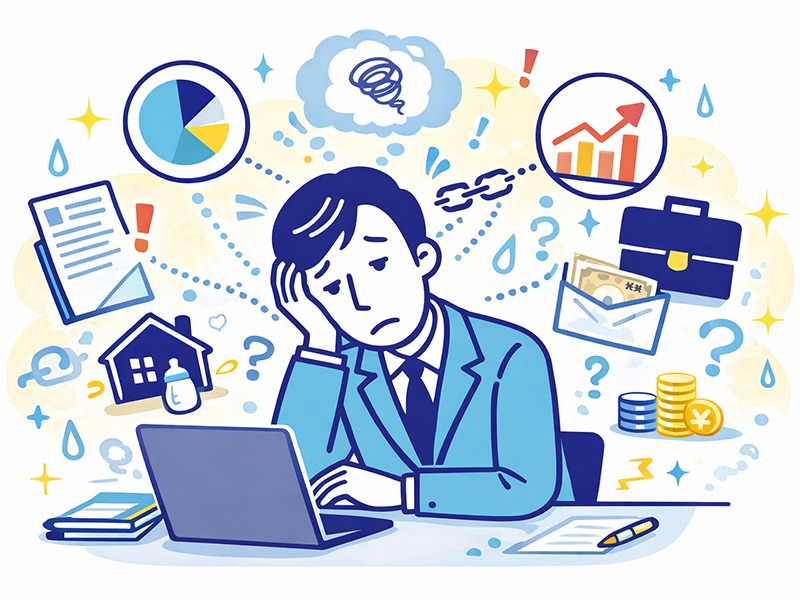 仕事モチベーションが全くない30代が、評価や将来像のズレに悩んでいる状態を表したイラスト