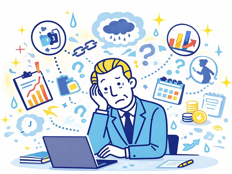 仕事モチベーションが全くない40代が、役割や評価の固定化と将来不安に悩んでいる状態を表したイラスト