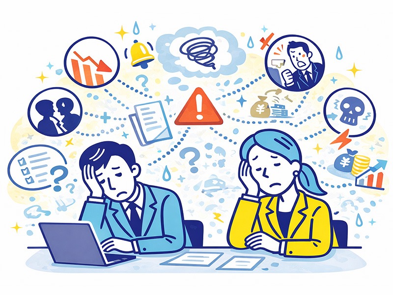 仕事モチベーションが全くない状態が続き、仕事の質や評価、人間関係に影響が広がっている様子を表したイラスト