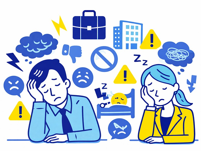仕事行きたくない拒否反応の原因をイメージしたイラスト。仕事ストレスや疲労、会社環境など複数の要因に悩む男女とアイコンで原因整理を表現