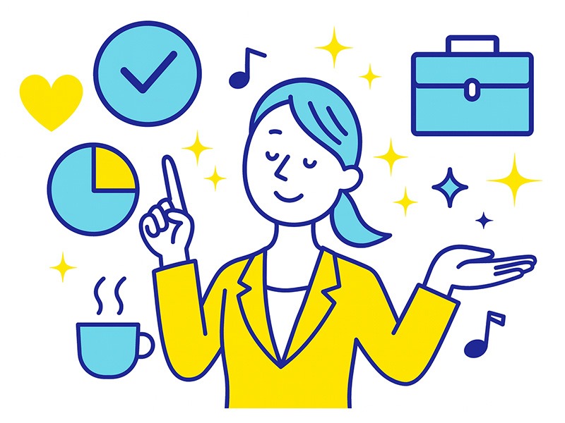 ワークライフバランスを整えるために仕事とプライベートの優先順位や時間の使い方を整理する様子を描いたイラスト