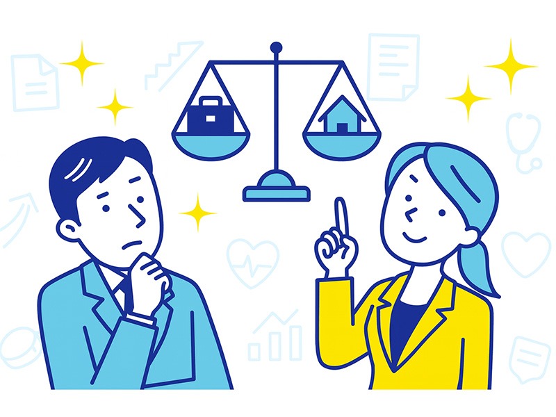 ワークライフバランスの課題を男女別に考える様子を描いたイラスト。仕事と家庭のバランスを示す天秤アイコンを中心に、働き方の違いや両立の特徴を表現している。