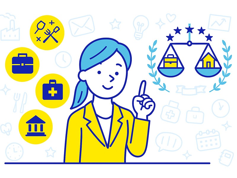 ワークライフバランスを意識する女性が、仕事とプライベートの両立を象徴するアイコンを示しているイラスト。働きやすい業界の特徴を表現。