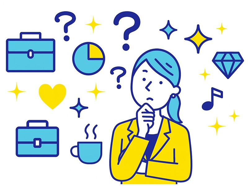 ワークライフバランスで仕事とプライベートのどちらを優先するか迷う人が価値観を整理している様子を表現したイラスト