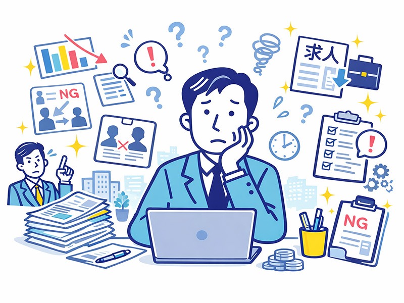 40代50代の転職が厳しい現実を表すイラスト。採用市場の構造や即戦力重視に悩む男性を中心に、転職が難しい背景を象徴している。