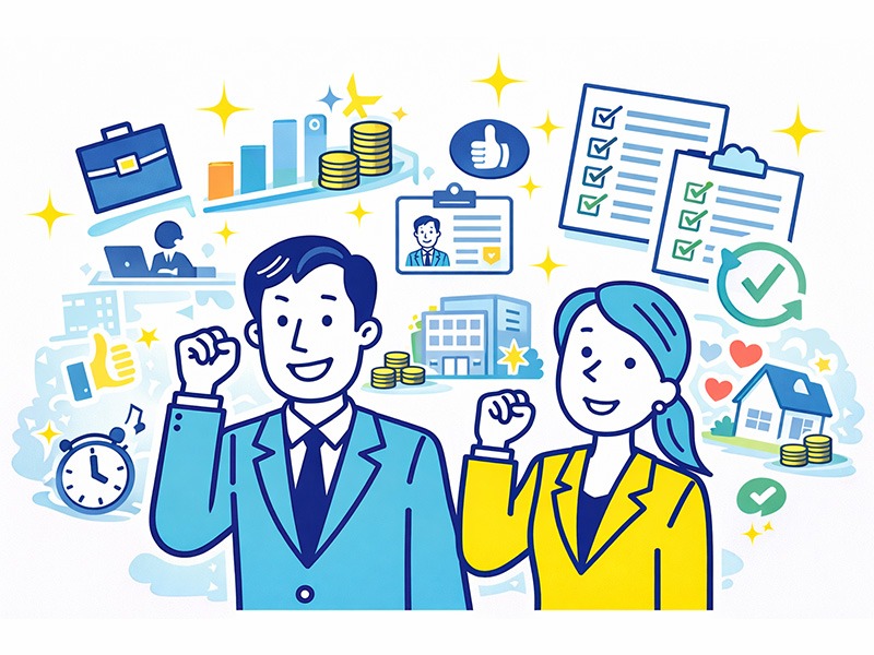 40代50代の転職成功例を表したイラスト。年収や肩書だけでなく、役割の明確さや働き方への納得感を重視して転職に成功した男性と女性の様子。