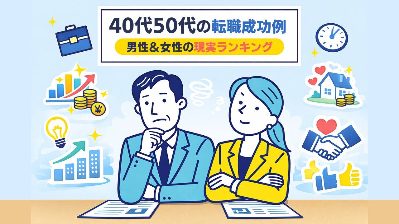 40代50代の転職成功例を表したメインビジュアル。履歴書を前に悩む50代の男女が、厳しい・難しいと言われる転職の現実と成功の可能性を考えている様子。