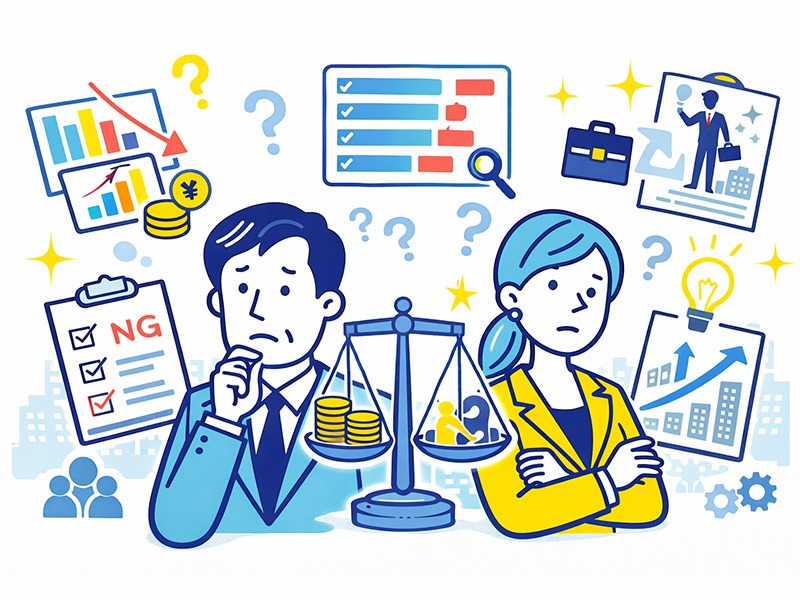 40代の転職が難しい理由を表したイラスト。即戦力重視や年収・ポジションの期待値のズレに悩む男性と女性が、転職成功率が下がる構造を考えている様子。