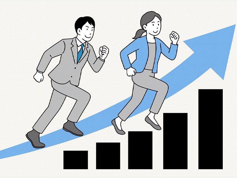 バイトルの費用対効果を高める工夫を表現したイラスト。スーツ姿の男女が右肩上がりのグラフの上を走り、採用効果の向上を示している場面。