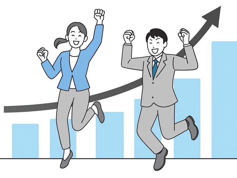 バイトル主要オプションの応募数改善事例を解説するイラスト。右肩上がりのグラフを背景に、スーツ姿の男女が飛び跳ねて喜んでいる場面。