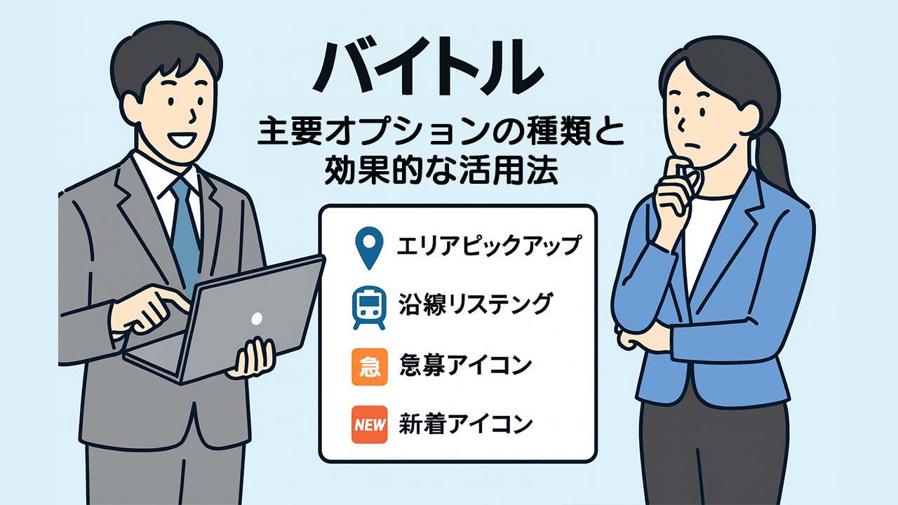 バイトル主要オプションの種類と効果的な活用法を解説するイラスト。スーツ姿の男女が各オプションアイコンを見比べている場面。