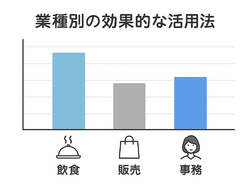 バイトル主要オプションの業種別活用法を解説するイラスト。飲食業・販売職・軽作業・オフィスワークなどの効果をグラフで比較している図。