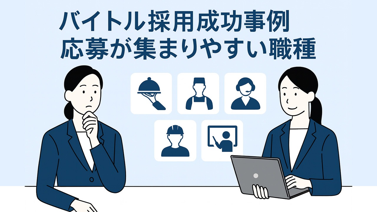 バイトル採用成功事例を象徴するイラスト。スーツ姿の男女が飲食・販売・軽作業・オフィスワークなどの職種アイコンを見比べ、応募が集まりやすい職種を検討している場面。