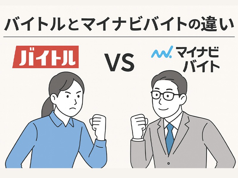 バイトルとマイナビバイトの違いを表現したビジネスマンとビジネスウーマンの対決イラスト