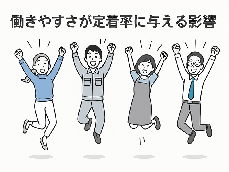 バイトル定着率を高める働きやすさを表現したイラスト。様々な職種のアルバイトスタッフがバンザイをして飛び跳ね、楽しそうに働いている場面。