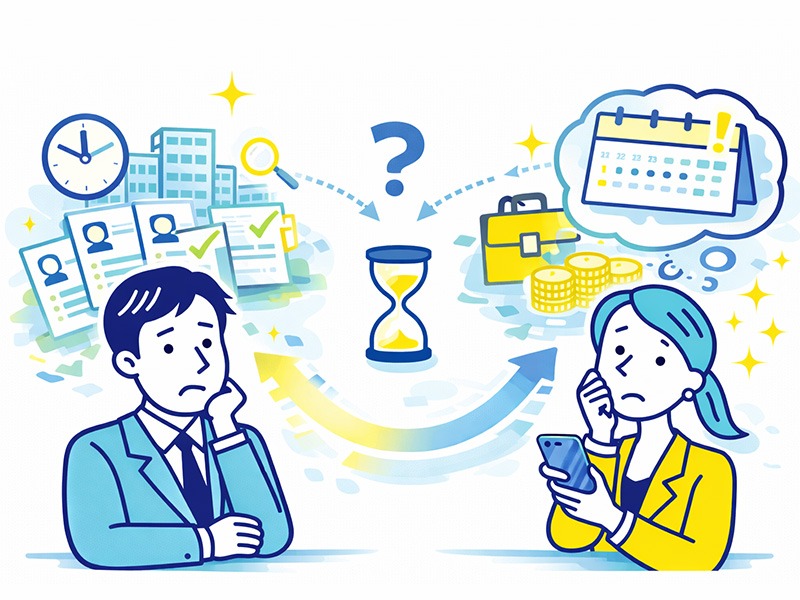 中途採用の書類選考にかかる日数の目安を、応募経路や企業体制の違いから整理したイメージ