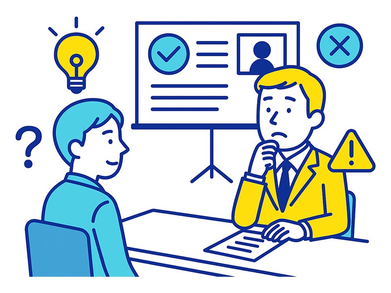 転職エージェントやハローワークで行われる無料面接練習サービスの様子を描いたイラスト。求職者が質問に答える場面を青と黄色で表現。