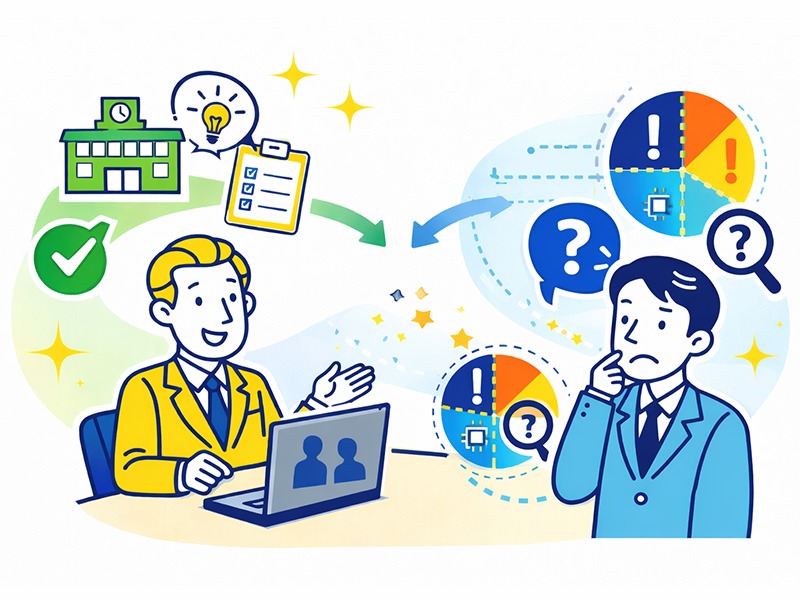 模擬面接サービスの無料支援(エージェント・ハローワーク・学校)の特徴と限界を示すイラスト。無料と有料の違いを理解し、必要な面接対策の判断につなげる。