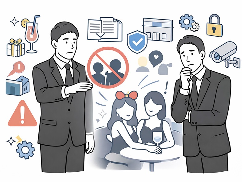 風営法を踏まえたナイトワークの合法運営ポイントを確認する店長のイメージイラスト。ガールズバー・コンカフェ・ラウンジの運営注意点を表現