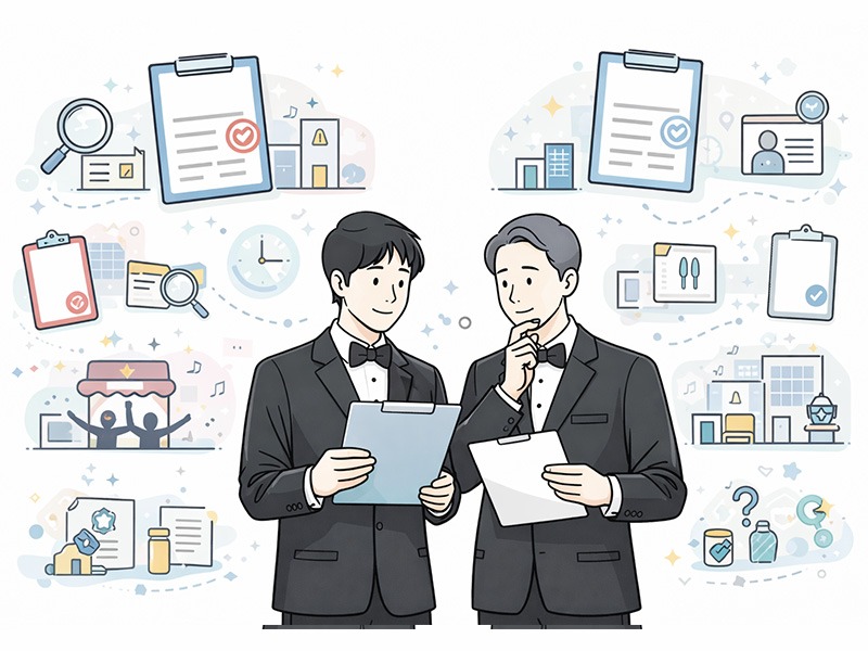 風営法と食品衛生法の両面から営業許可の全体像を確認するナイトワーク店長のイメージイラスト。ガールズバー・コンカフェ・ラウンジの営業許可判断を表現