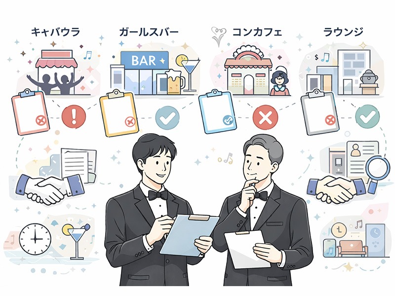 風営法に基づきガールズバー・コンカフェ・ラウンジなど業態別に営業許可を判断するナイトワーク店長のイメージイラスト