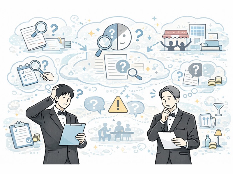 風営法に基づくナイトワークの営業許可取得の流れと期間を整理する店長のイメージイラスト。ガールズバー・コンカフェ・ラウンジの開業準備を表現