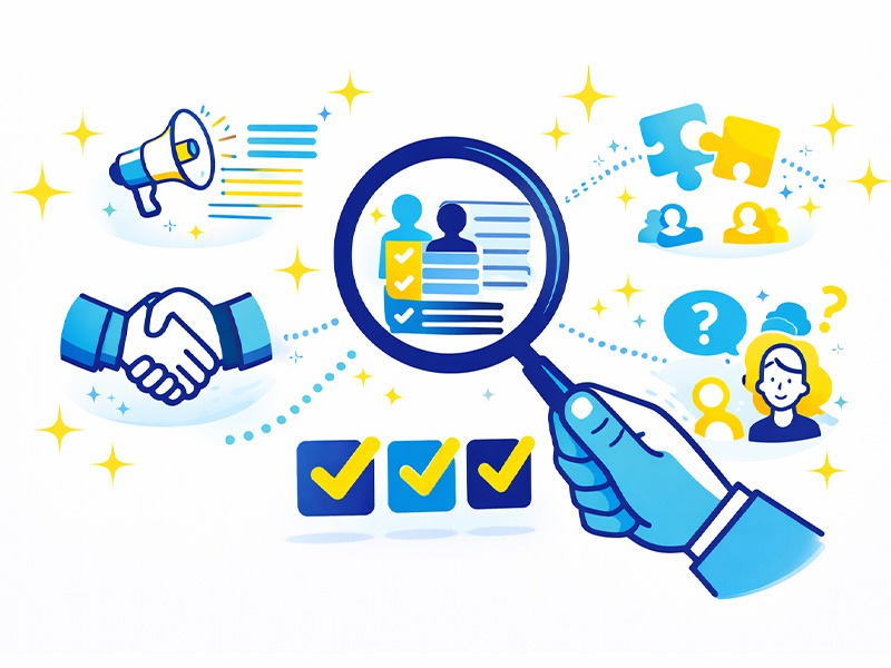 就活グループディスカッションの評価基準を示すイラスト(協働姿勢や論点整理など重要ポイントを象徴的に表現)