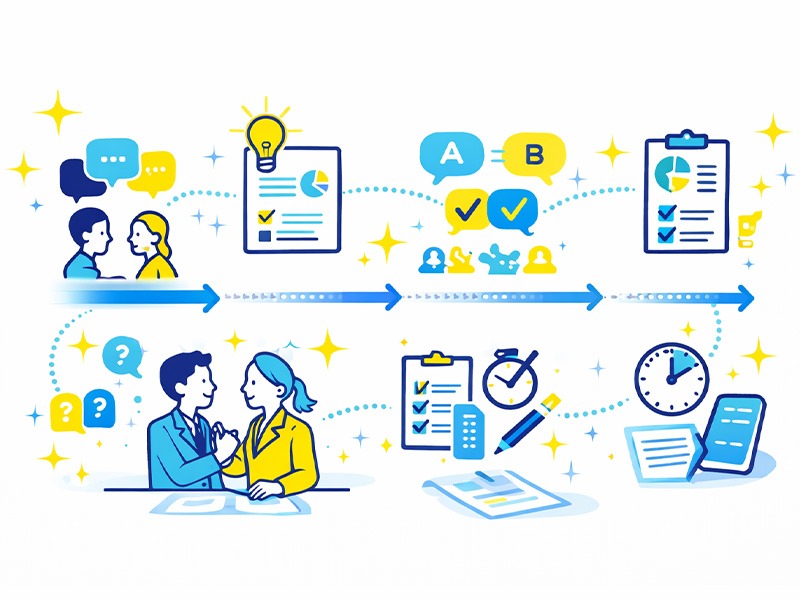 就活のグループディスカッションの流れを示すイラスト(自己紹介から議論・役割分担・発表準備までを段階的に表現)