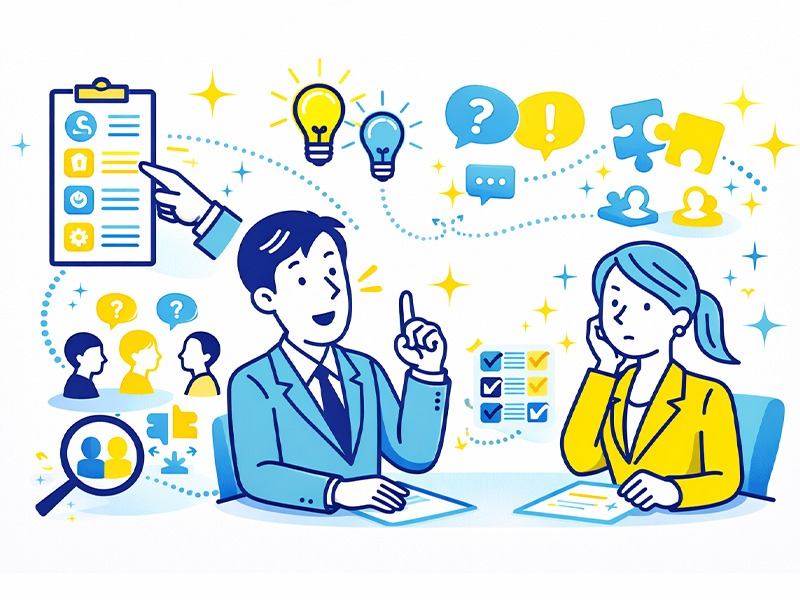 就活グループディスカッションのコツを示す初心者向けイラスト(役割理解や意見整理のポイントを象徴的に表現)