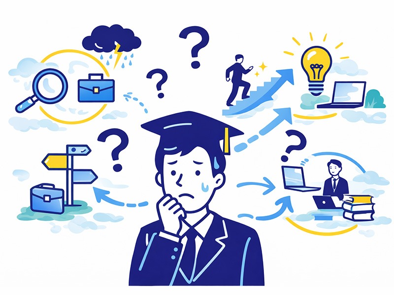 就活で内定が出ない人の末路と進路の選択肢を考える就活生のイラスト