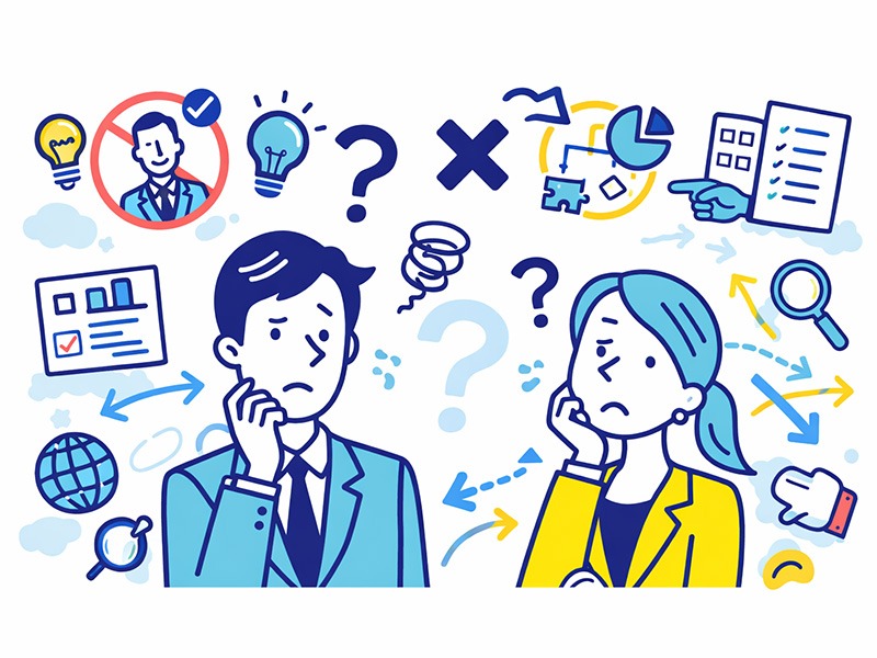 就活で内定がもらえない人の特徴を整理し悩む就活生のイラスト