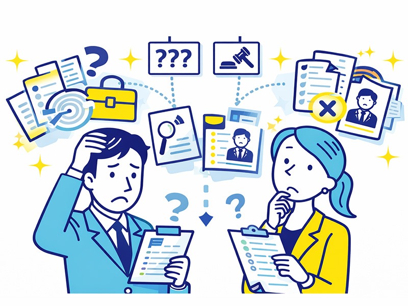中途採用の書類選考で落ち続ける原因を、求人要件とのずれや評価基準の違いから整理したイメージ