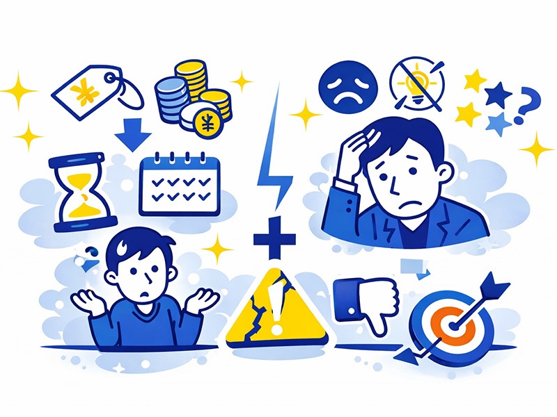 有料模擬面接サービスで失敗しやすい選び方と注意点を示すイラスト｜模擬面接 有料 注意点