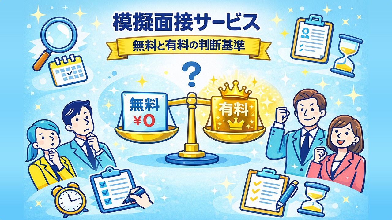 模擬面接サービスの無料と有料を比較し、判断基準を検討する転職者を表したイラスト|転職 面接対策
