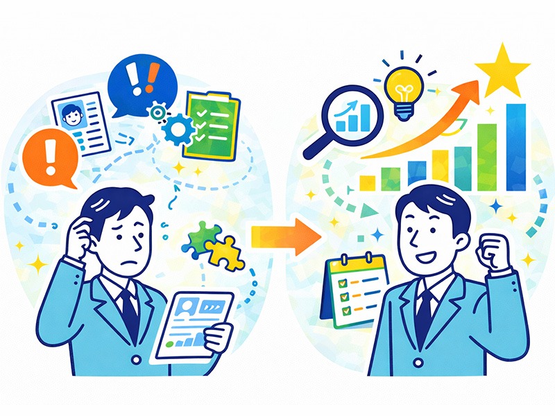 模擬面接で成果が出る人と出ない人の違いを表したイラスト。模擬面接の結果が変わる人の共通点として、課題把握と改善行動を継続するプロセスを示している。就活・転職の面接対策の考え方を可視化。