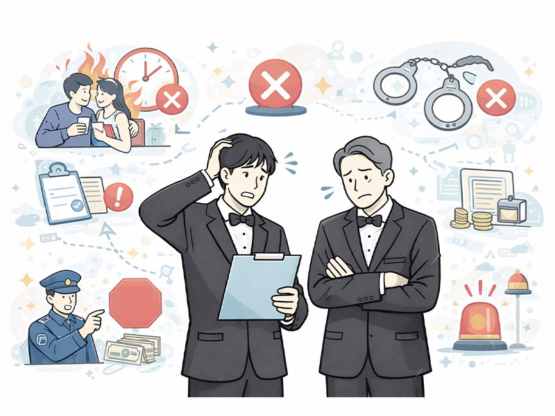 風営法違反と罰則の具体例を示すナイトワーク店長のイメージイラスト