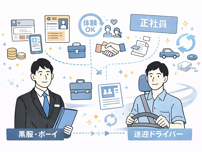 夜職やナイトワークで黒服・ボーイ・送迎ドライバーなど男性スタッフを募集する際に、職種や雇用形態ごとに求人媒体の違いを整理しているイメージイラスト