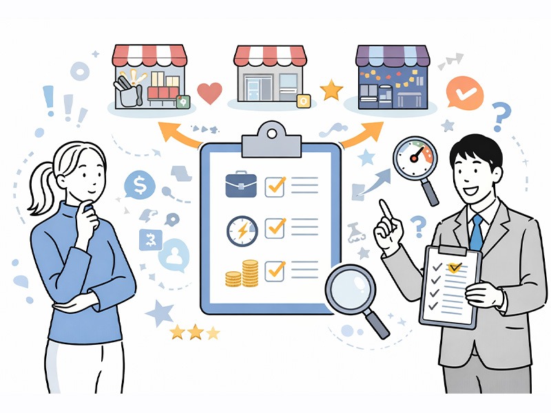 体入ドットコム・体入ショコラ・ポケパラなどナイトワーク求人媒体を比較するための基準を整理するイメージイラスト