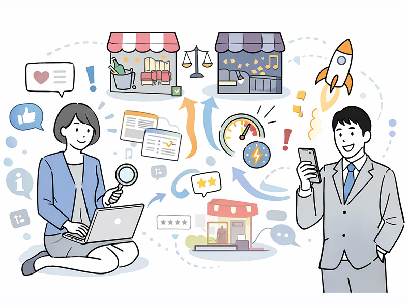 ポケパラと体入ショコラの特徴を比較し、ナイトワーク求人媒体の違いを整理するイメージイラスト