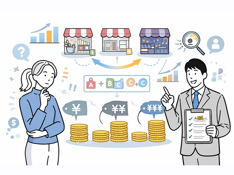 体入ドットコム・体入ショコラ・ポケパラなどナイトワーク求人媒体を料金設計と採用成果の観点で比較するイメージイラスト