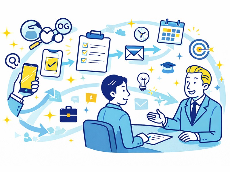 就活OBOG訪問の流れと時期の考え方を示したイラスト。相手探しから連絡、実施までの手順を整理して理解している様子