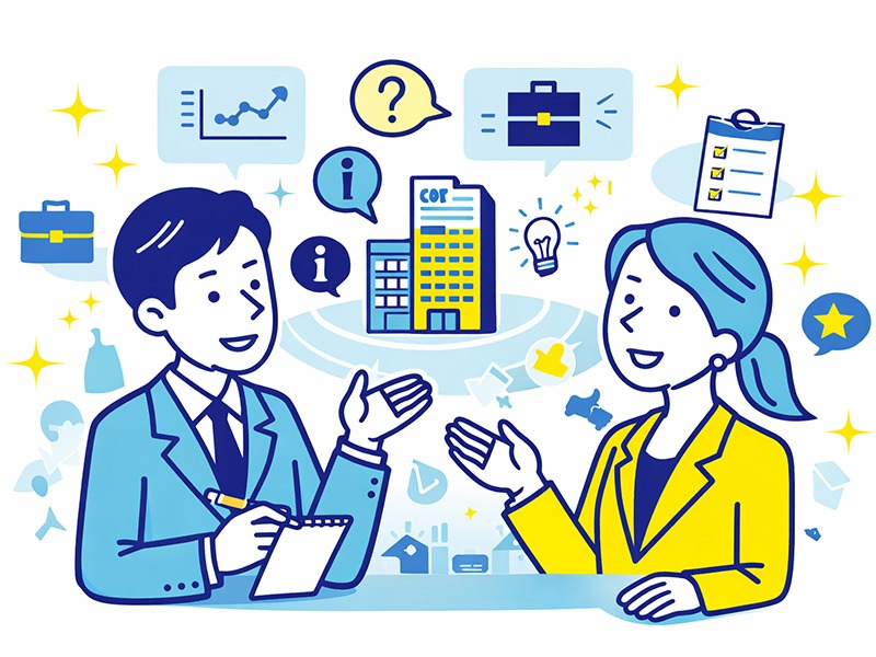 就活のOBOG訪問とは何かを解説するイラスト。先輩社員と学生が会話し、仕事や働き方への理解を深めている様子