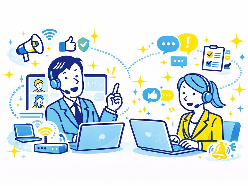 オンライン就活グループディスカッションのポイントを示すイラスト(通信環境や発言タイミングの工夫を象徴的に表現)